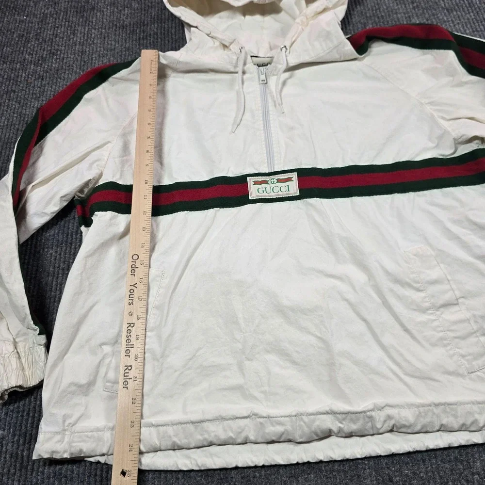 Gucci Jacket Mens IT 50 White Hooded Retro Canvas Stripe Logo Windbreaker Italy